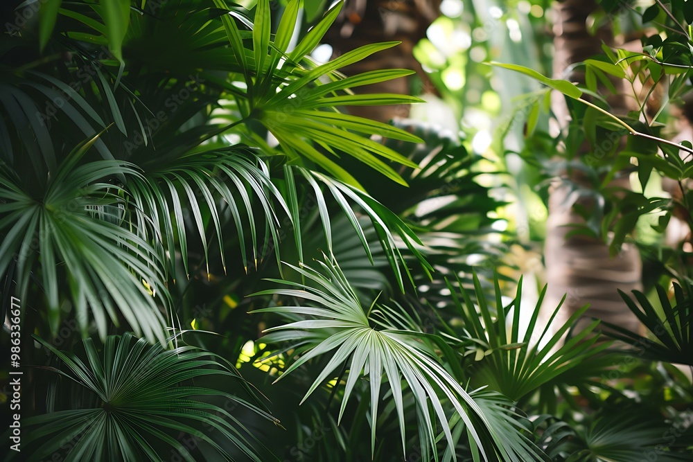 Naklejka premium Green Lush Palm Leaves in Tropical Rainforest