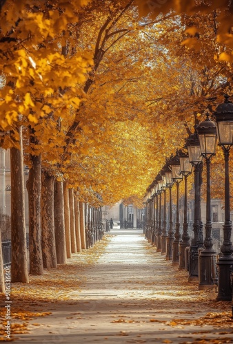 Enchanting autumn pathway lined with golden trees and vintage lamps in a quie...