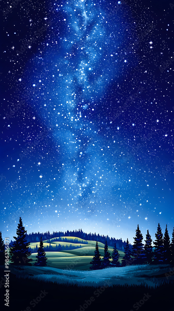 Fototapeta premium A serene night sky filled with stars over a tranquil landscape featuring rolling hills and tall trees