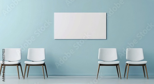 Modern waiting area with minimalist design featuring white chairs and a blank...