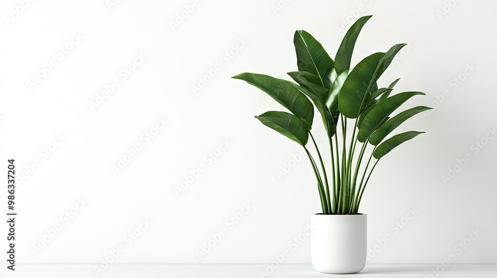 A lush potted plant with broad green leaves, standing in a modern pot, isolated against a white background for a stylish botanical display. A lush potted plant with broad green leaves, standing in a modern pot, isolated against a white background for a stylish botanical display.