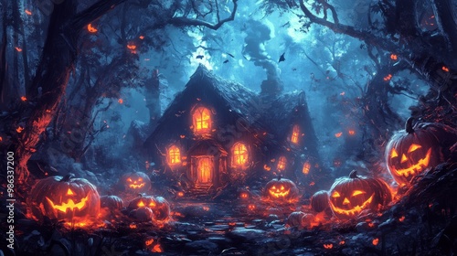 Eerie haunted castle with glowing pumpkins under a spooky twilight sky