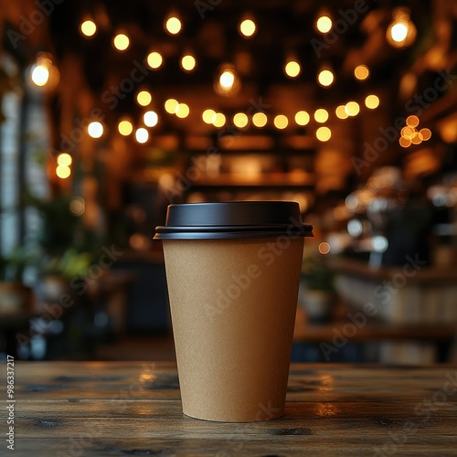 Close-Up of a Brown Paper Coffee Cup with Lid on a Wooden Table, Set Against a Blurred Modern Cafe Interior with Bokeh Lights, Perfect for Minimalistic Stock Photo with Copy Space