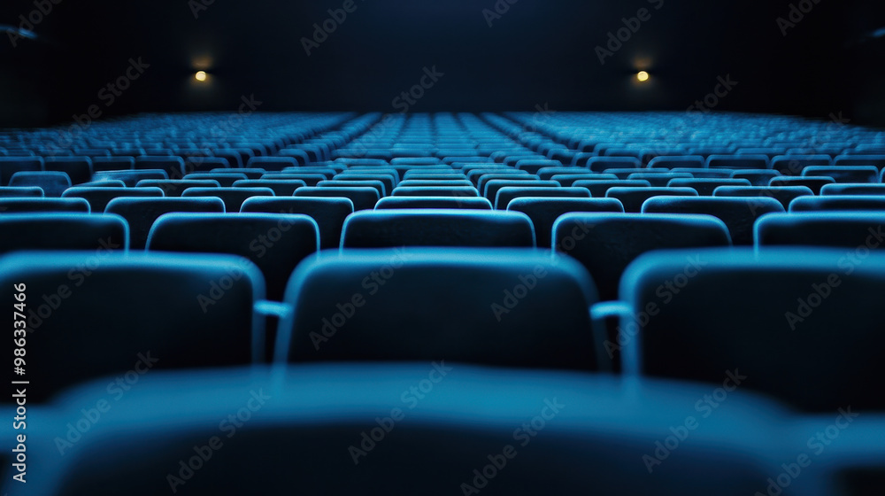 captivating view of empty cinema seating, showcasing rows of blue chairs in darkened theater. atmosphere evokes anticipation and excitement for upcoming film captivating view of empty cinema seating, showcasing rows of blue chairs in darkened theater. atmosphere evokes anticipation and excitement for upcoming film