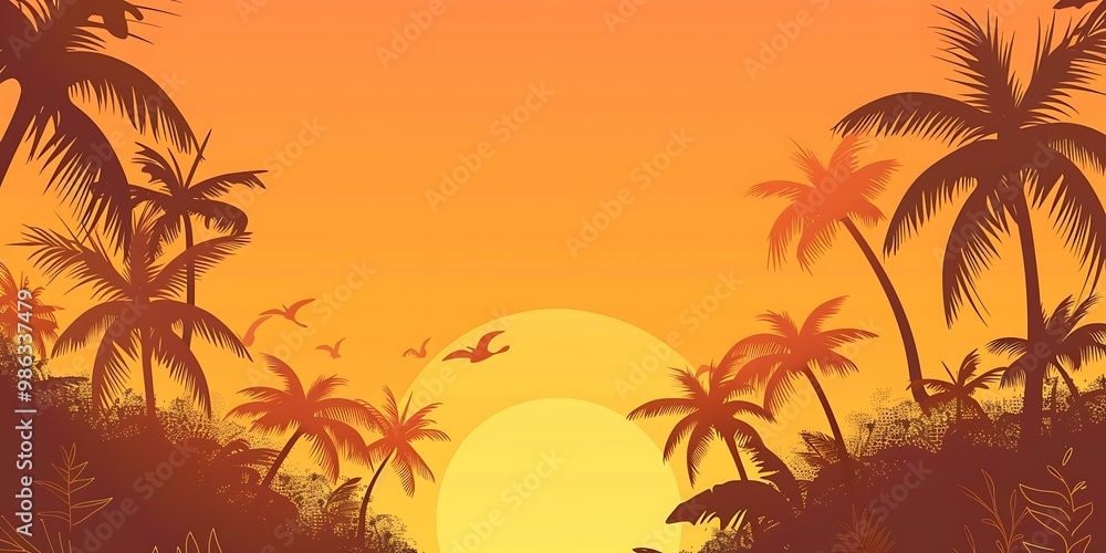Fototapeta premium Silhouette of Palm Trees at Sunset with Birds Flying