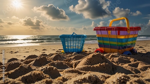 toy bucket plastic beach sea sunset, clean sand, good atmosphere, relax, travel, holiday, weekend.