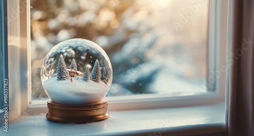 A cozy snow globe featuring miniature trees by a window during sunset