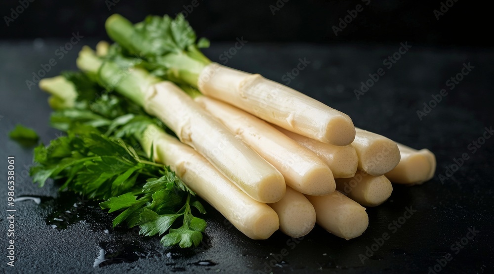 Fresh celery stalks arranged with vibrant green leaves on a dark background