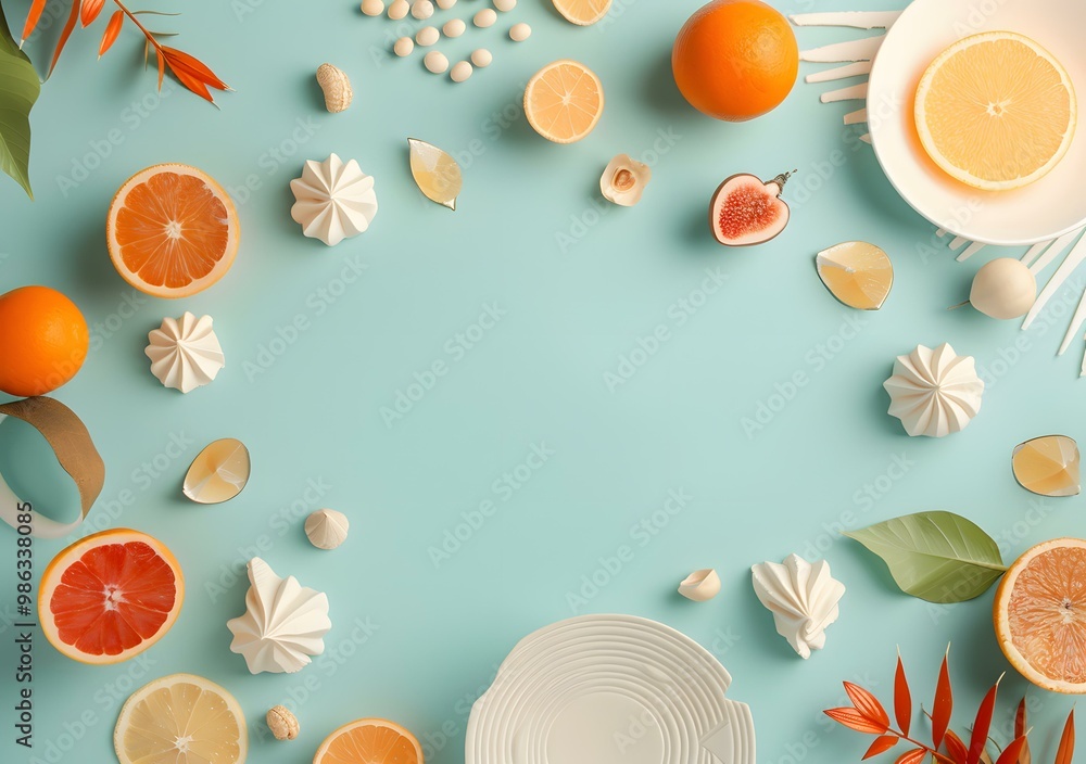 Minimalist Flat Lay with Citrus Fruits and Meringues on Blue Background Minimalist Flat Lay with Citrus Fruits and Meringues on Blue Background