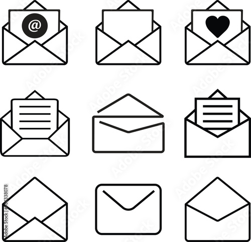 Email envelope icon set with marker new message isolated isolated on transparent background. Render email notification heart missed with letters, check mark, paper plane and magnifying glass.