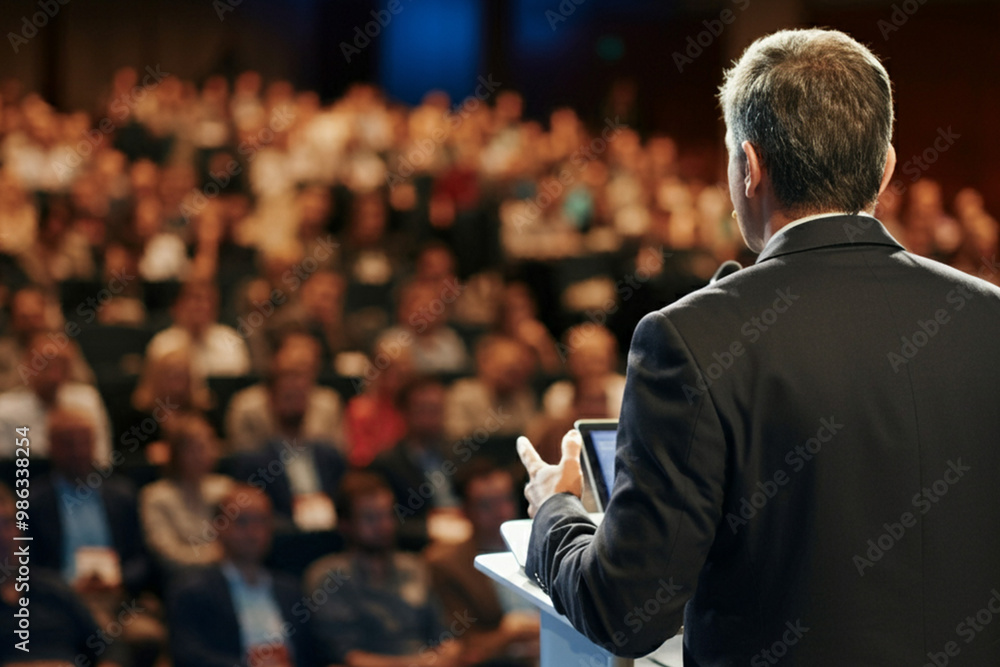 Speaker Presenting at Business Meeting in Front of Audience, Ideal for Corporate and Leadership Themes Speaker Presenting at Business Meeting in Front of Audience, Ideal for Corporate and Leadership Themes
