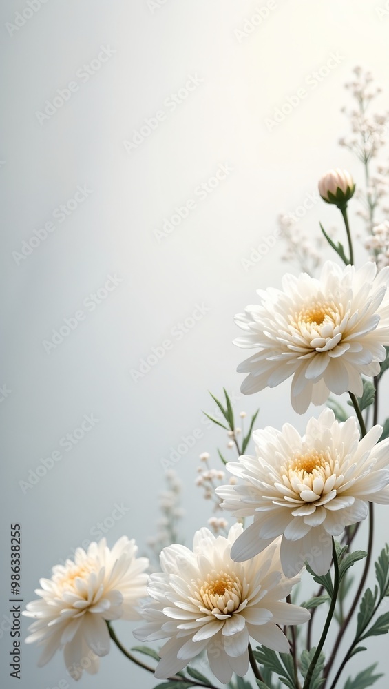 Fototapeta premium Elegant white chrysanthemums on silver background Ideal for formal events or sympathy cards