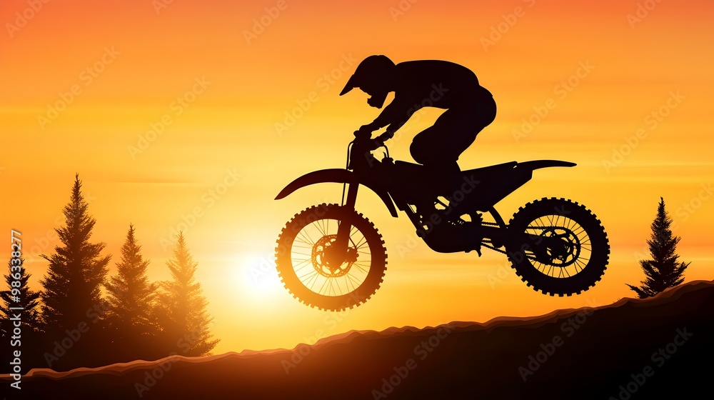 Motocross Rider in Action, a dynamic silhouette of a rider soaring through the air above a dirt track, showcasing skill and adrenaline. Motocross Rider in Action, a dynamic silhouette of a rider soaring through the air above a dirt track, showcasing skill and adrenaline.