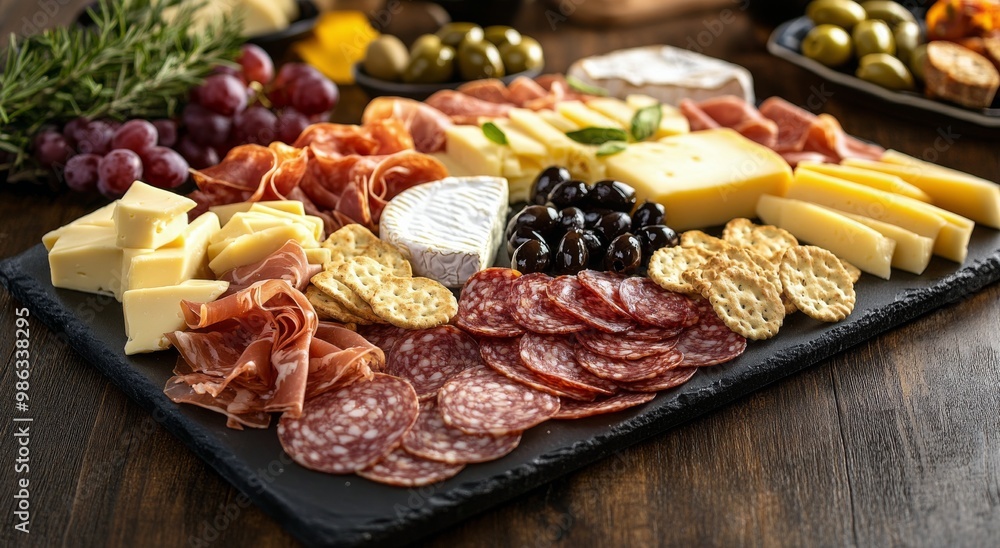A colorful charcuterie board featuring various meats and cheeses displayed on a rustic wooden table A colorful charcuterie board featuring various meats and cheeses displayed on a rustic wooden table