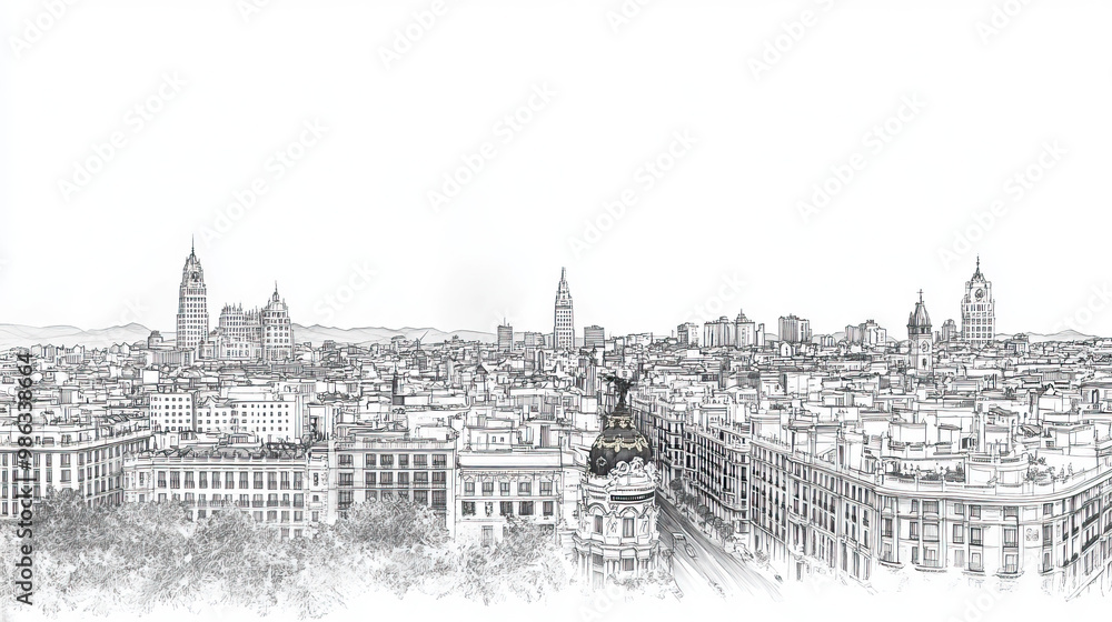 Madrid, Spain, black and white pen pencil hand-drawn effect drawing illustration for travel poster, card, wallpaper, backdrop or banner. Modern, clear, artistic and simple