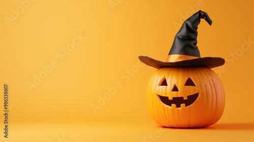 cheerful pumpkin wearing witch hat sits against bright orange background, embodying spirit of Halloween. Its carved face adds playful touch to festive atmosphere