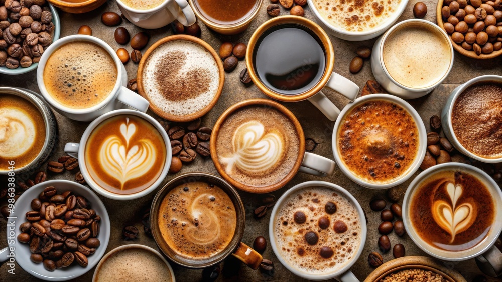Top view of various coffee mugs filled with espresso, cappuccino, cocoa and americano Top view of various coffee mugs filled with espresso, cappuccino, cocoa and americano