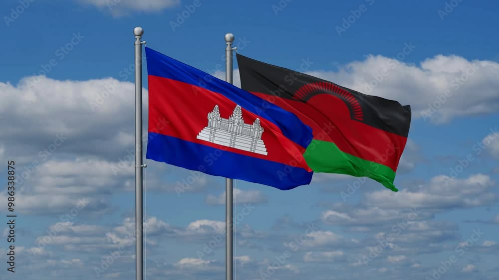 Malawi and Cambodia flags flying together, video concept of the relationship, two country relations concept Malawi and Cambodia flags flying together, video concept of the relationship, two country relations concept