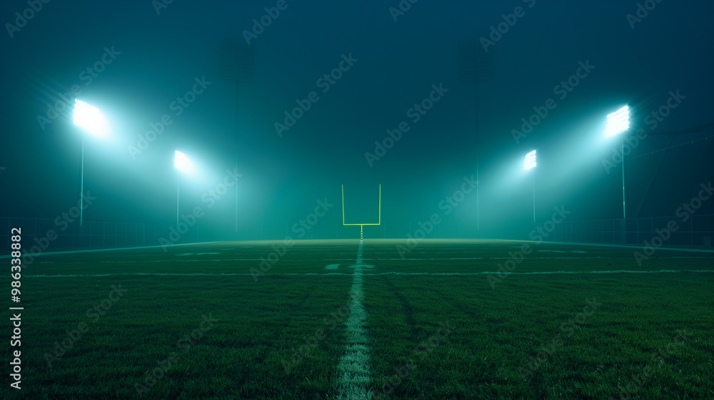 American football field is brightly lit by stadium lights, casting a glow through the thick fog. The goalposts stand prominently as the mystery of the night envelops the surroundings American football field is brightly lit by stadium lights, casting a glow through the thick fog. The goalposts stand prominently as the mystery of the night envelops the surroundings