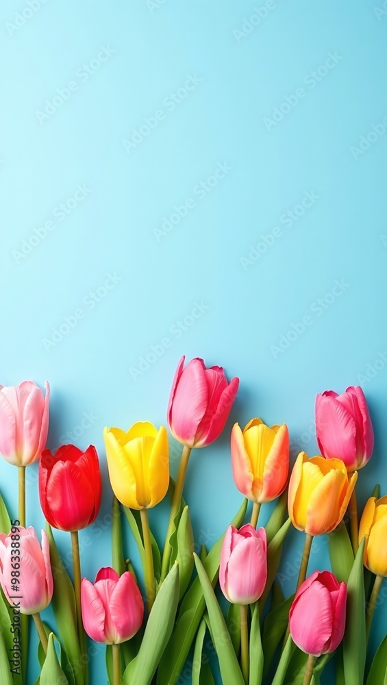 Vibrant tulips on sky blue background Ideal for spring celebrations Vibrant tulips on sky blue background Ideal for spring celebrations