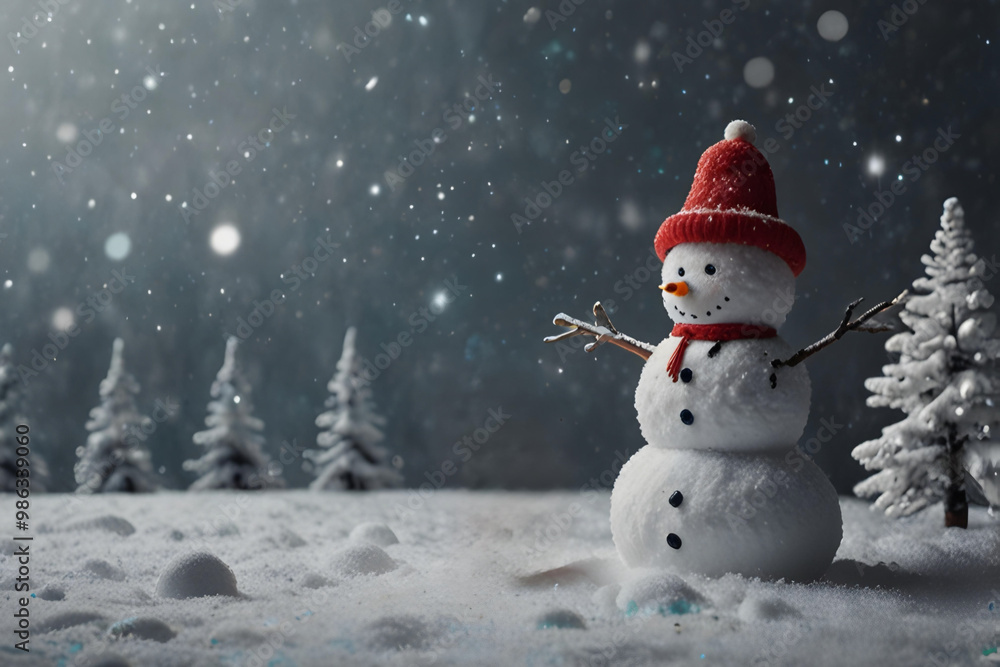 Fototapeta premium snowman in the snow showers background, winter seasonal environment landscape