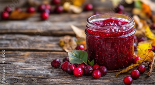 Freshly made cranberry jam in a jar on a rustic wooden table with autumn leaves