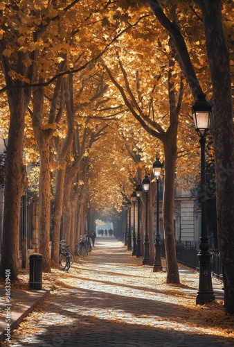 Enchanting autumn pathway lined with golden trees and vintage lamps in a quie...