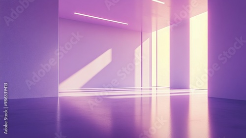 Modern interior with purple lighting and bright sunlight pouring in during the day photo