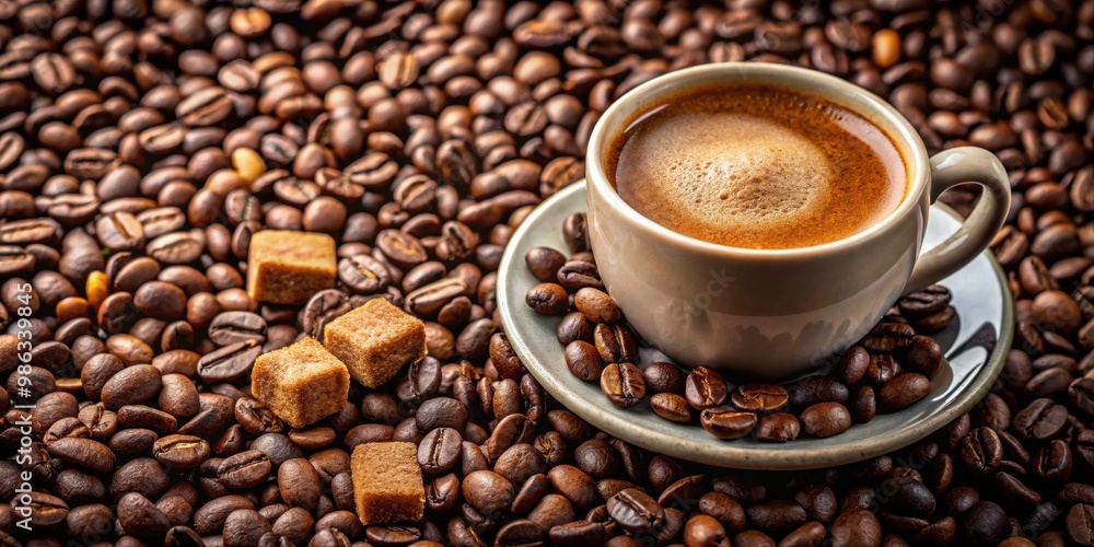 A close-up photo of a coffee cup surrounded by beans and brown sugar A close-up photo of a coffee cup surrounded by beans and brown sugar