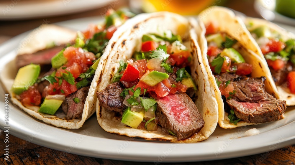 A delicious plate of tacos filled with grilled steak, fresh vegetables, and vibrant salsa, served with a side of lime. A delicious plate of tacos filled with grilled steak, fresh vegetables, and vibrant salsa, served with a side of lime.