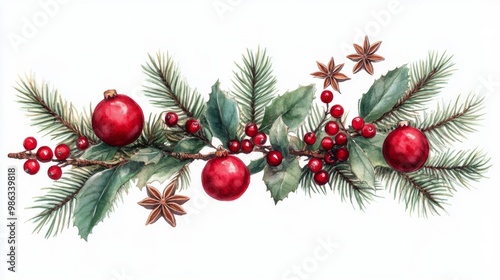 Festive arrangement of pine branches, red berries, and pine cones on a blue s...