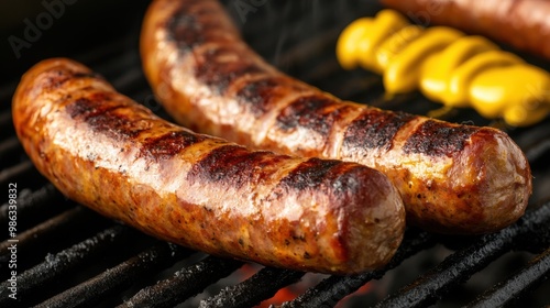 Grilled sausages sizzling on a barbecue, accompanied by yellow mustard, showcasing a delicious cooking moment. photo