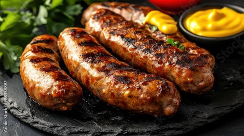 Grilled sausages served on a black stone plate with mustard, ketchup, and fresh greens. A delicious and appetizing dish for meat lovers.