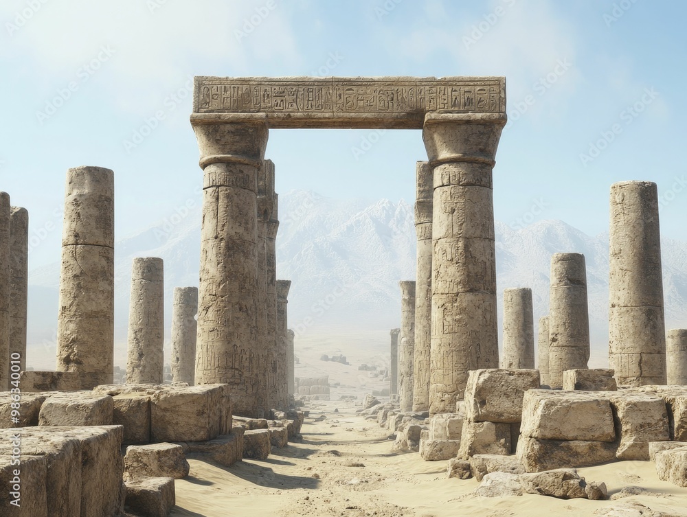 Fototapeta premium Majestic Stone Structure Rising from Arid Desert Landscape Under Clear Blue Sky, Showcasing Natures Resilience and Ancient Architectural Grandeur