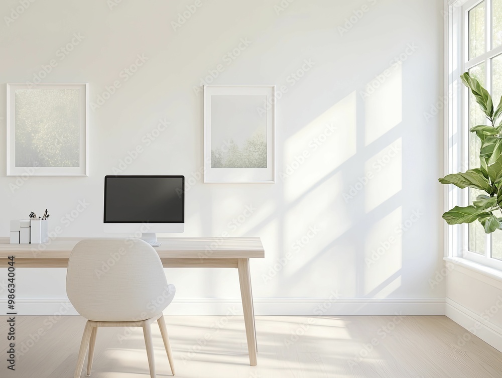 Minimalist White Desk with Modern Computer Setup, Ideal for Home Office or Workspace Environment, Featuring Clean Lines and Contemporary Aesthetic Minimalist White Desk with Modern Computer Setup, Ideal for Home Office or Workspace Environment, Featuring Clean Lines and Contemporary Aesthetic