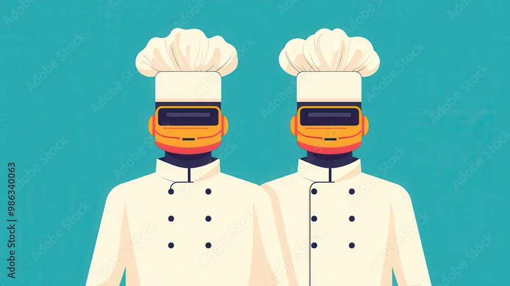 Two chefs with robotic heads and traditional hats stand against a vibrant blue background, blending culinary art with futuristic technology.