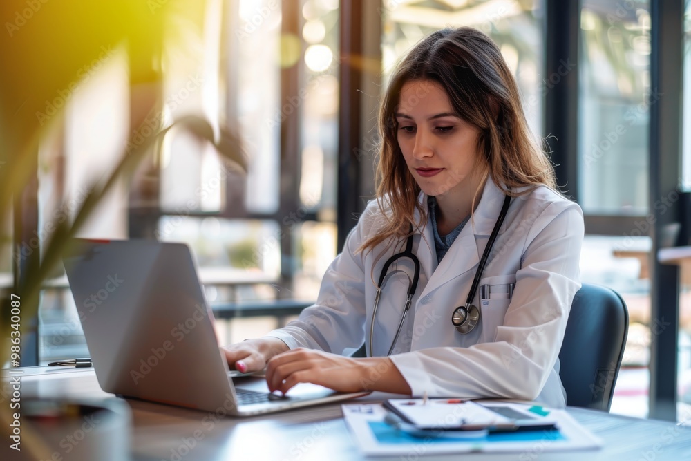 Female doctor wear white medical suit make online video call consult patient. Female doctor wear white medical suit make online video call consult patient.