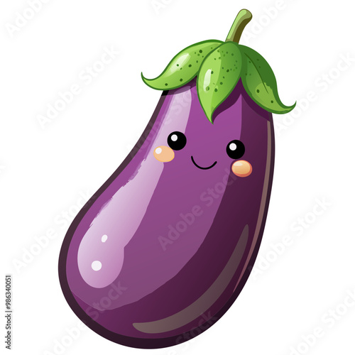 Kawaii food cartoon eggplant happy funny vector image, isolated on white background
