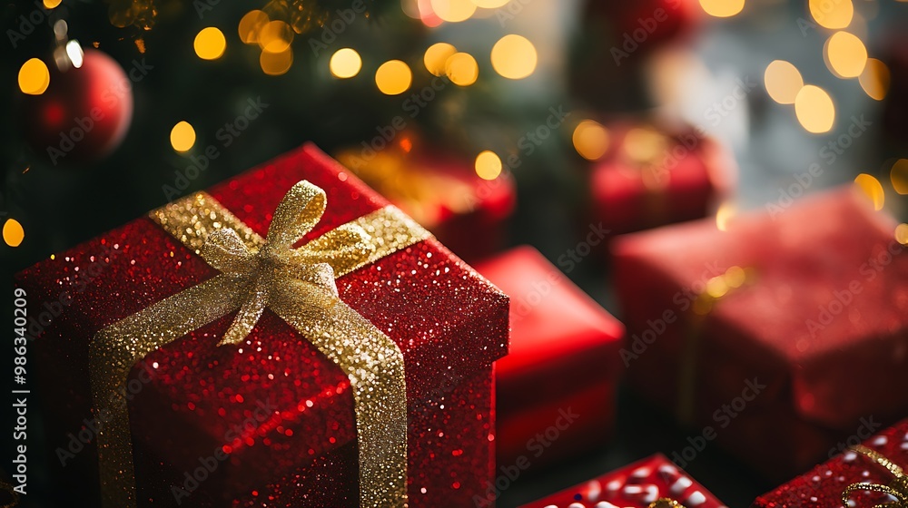 A festive arrangement of beautifully wrapped red gifts with gold ribbons, set against a backdrop of twinkling lights. A festive arrangement of beautifully wrapped red gifts with gold ribbons, set against a backdrop of twinkling lights.