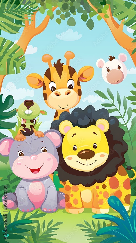 Naklejka premium Cute Cartoon Animals Jungle Illustration