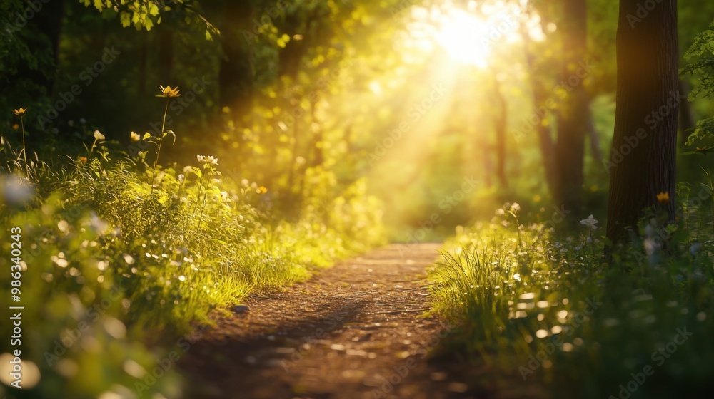 Obraz premium A serene forest path illuminated by soft sunlight, surrounded by vibrant greenery and blooming flowers, inviting tranquility and exploration.