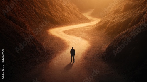 A solitary figure stands on a winding path through a sunlit valley, evoking themes of journey and introspection. photo