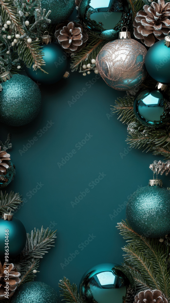 festive arrangement of teal and silver Christmas ornaments, pinecones, and greenery creates beautiful holiday frame. Perfect for seasonal decorations and celebrations festive arrangement of teal and silver Christmas ornaments, pinecones, and greenery creates beautiful holiday frame. Perfect for seasonal decorations and celebrations