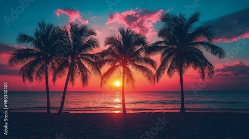 Sunset over the ocean with silhouetted palm trees at a serene beach location