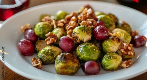 Roasted Brussels sprouts with mixed grapes and walnuts served on a white plate