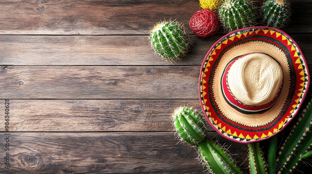 A vibrant arrangement featuring a sombrero and cacti on a wooden surface, evoking a festive atmosphere. A vibrant arrangement featuring a sombrero and cacti on a wooden surface, evoking a festive atmosphere.