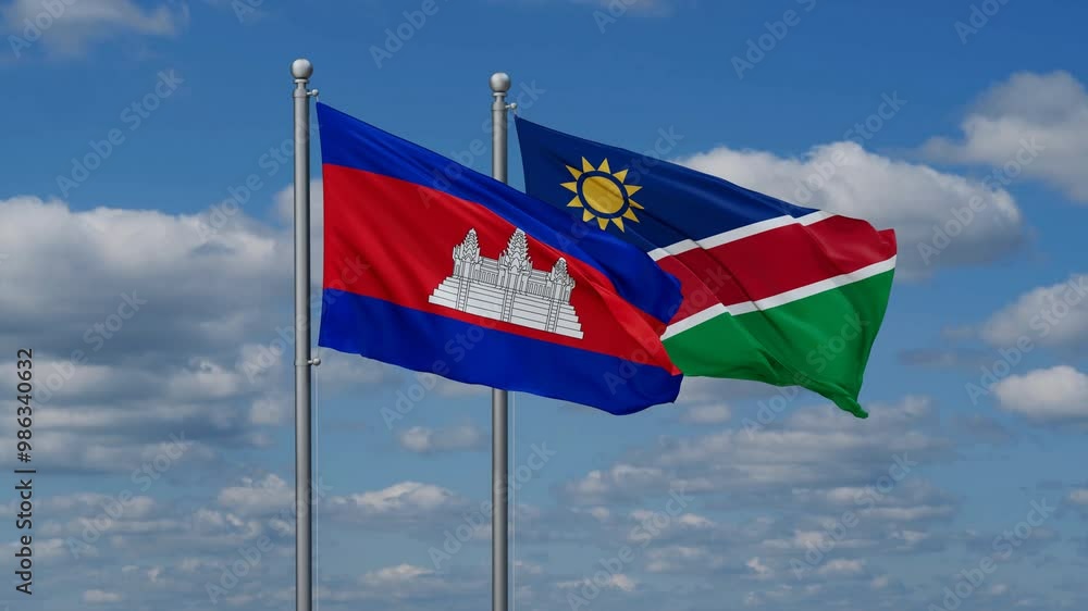 Cambodia and Namibia flags flying together, video concept of the relationship, two country relations concept Cambodia and Namibia flags flying together, video concept of the relationship, two country relations concept