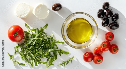 Fresh ingredients for a delicious salad, featuring greens, tomatoes, olives, ...