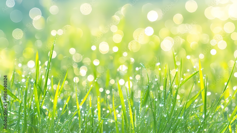 Close-up of dewy green grass with soft bokeh background. Close-up of dewy green grass with soft bokeh background.