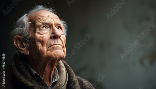 Reflective Elderly Man Looking Upwards with Contemplative Expression